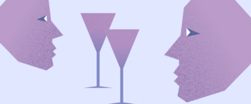 Illustrazione stilizzata. Due visi di profilo alle estremità laterali che si guardano, in centro due bicchieri.