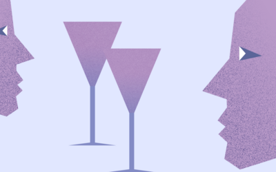 Illustrazione stilizzata. Due visi di profilo alle estremità laterali che si guardano, in centro due bicchieri.