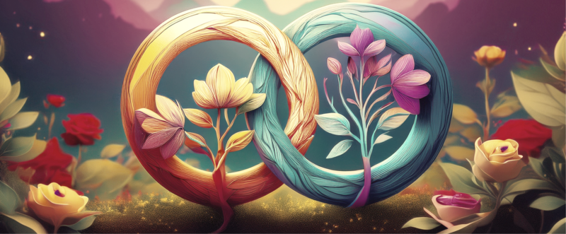 immagine onirica, due anelli colorati si intrecciano attorniati da un fiori e piante che crescono
