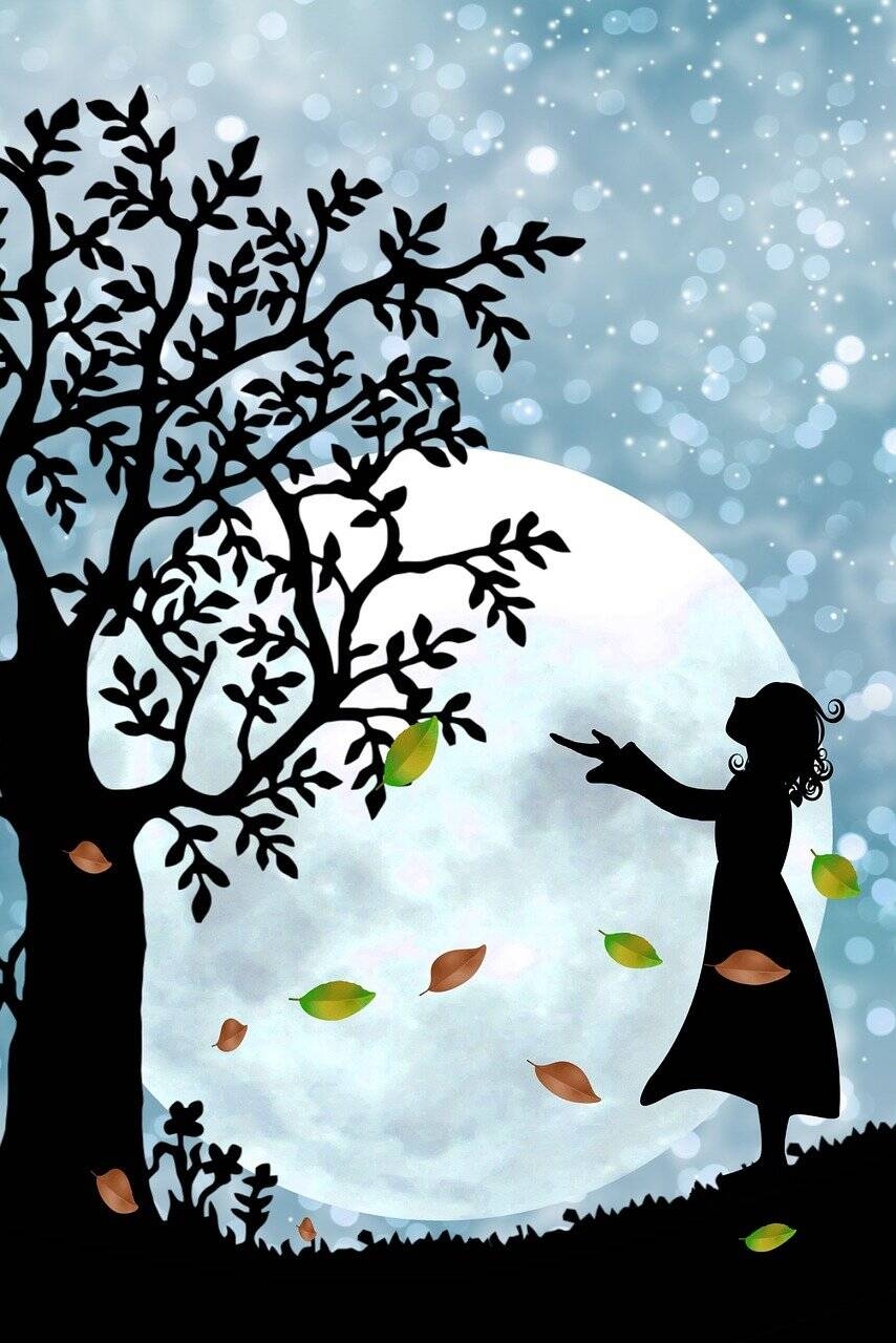 una bambina alza le braccia verso la chioma di un albero