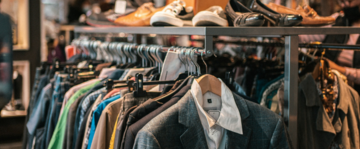 Uno scaffale di vestiti e scarpe in un negozio dell'usato