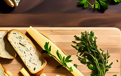 Formaggi su un tagliere di legno ed erbe commestibili.