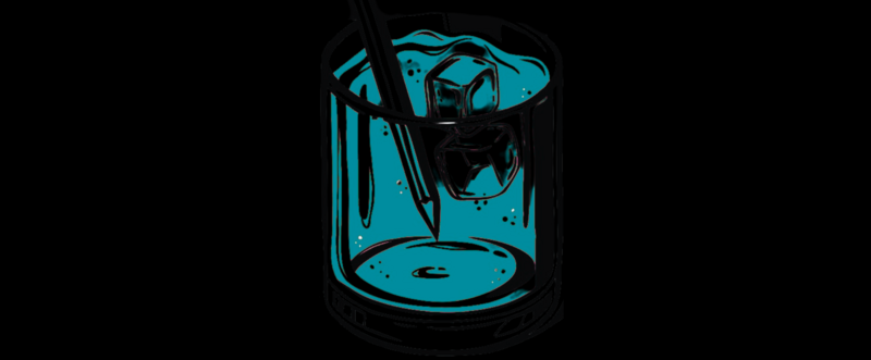 grafica blu ottanio su sfondo nero di un bicchiere con ghiaccio e una matita infilata