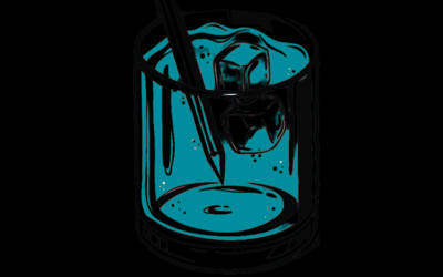 grafica blu ottanio su sfondo nero di un bicchiere con ghiaccio e una matita infilata