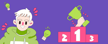 Una grafica con l'illustrazione di un ragazzo, un podio e una coppa. Colori viola e verde acido.