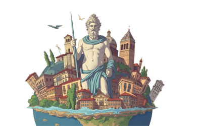 un'illustrazione del Nettuno, della città di Trento e del mondo