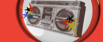 una grafica con una radio su uno sfondo rosso