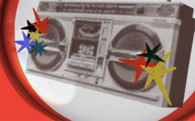 una grafica con una radio su uno sfondo rosso