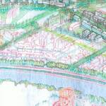 Un disegno a tinte tenui che rappresenta la città di Trento dall'alto, dal fiume Adige al centro storico