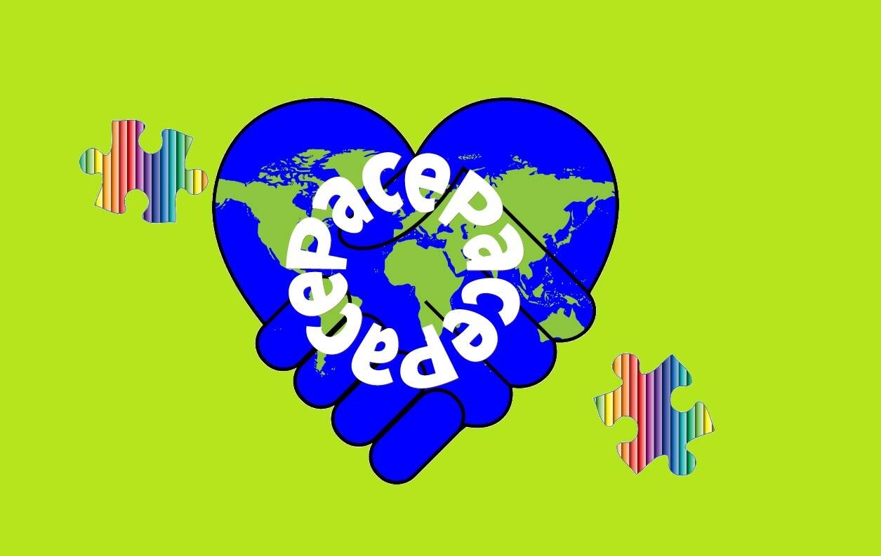 disegno di due mani che si stringono e formano il globo terreste a forma di cuore, sopra c'è la scritta pace