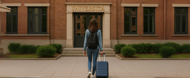 Studentessa con valigia si incammina verso l'università