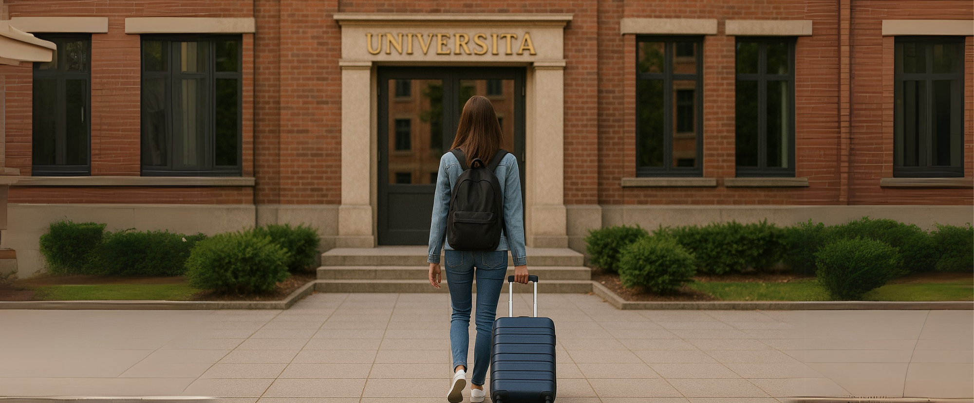 Studentessa con valigia si incammina verso l'università
