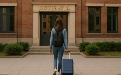 Studentessa con valigia si incammina verso l'università