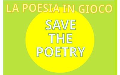 cerchio giallo su sfondo verde con le scritte save the poetry e la poesia in gioco