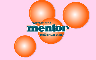 una grafica a sfondo rosa con la scritta mentor e l'illustrazione di caramelle arancioni