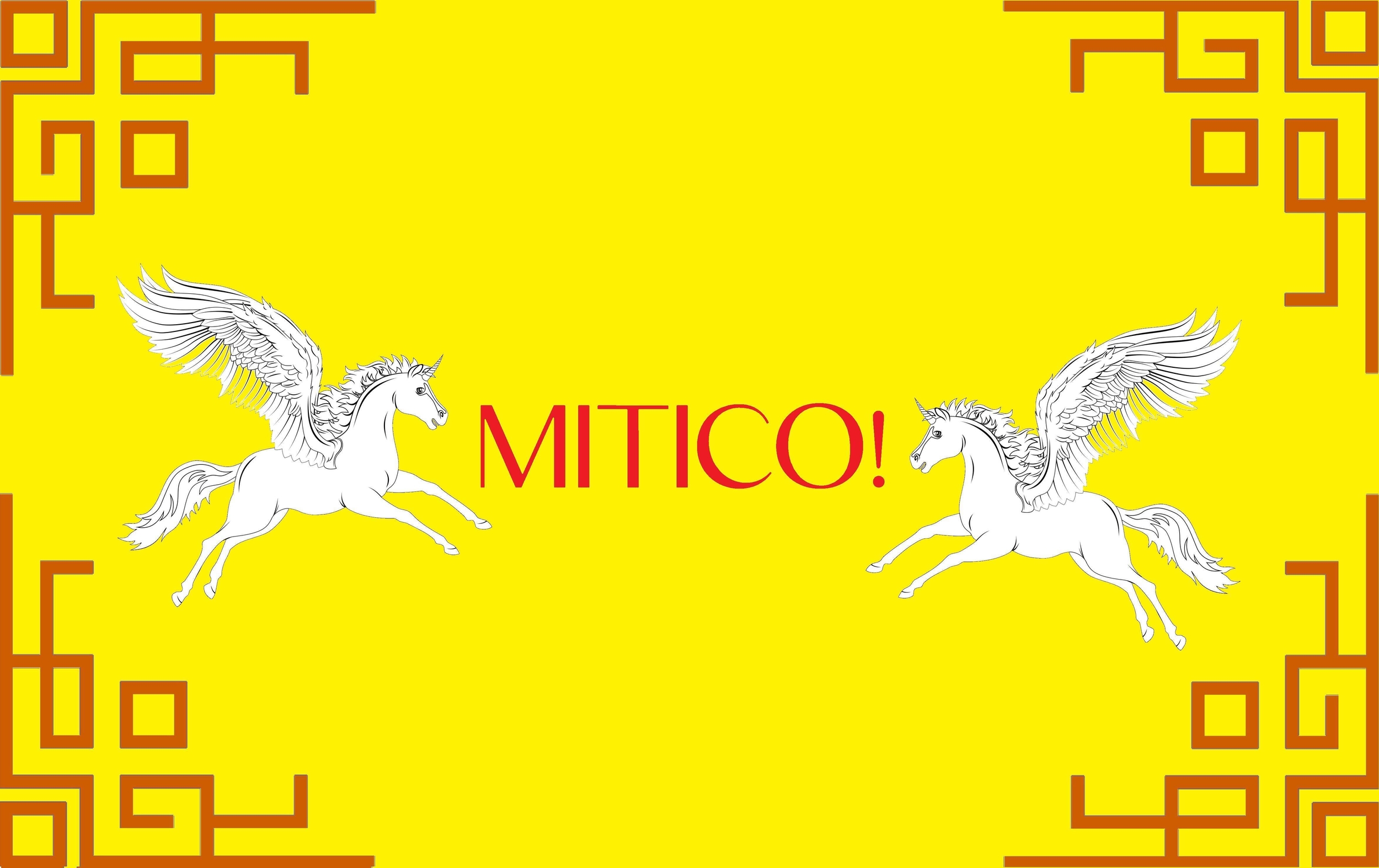 scritta "mitico" con ai lati il disegno di due unicorni