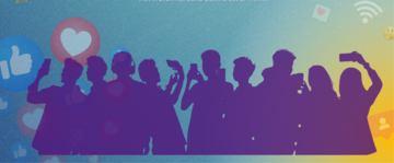 una grafica con sagome umane di colore viola su sfondo azzurro