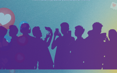 una grafica con sagome umane di colore viola su sfondo azzurro