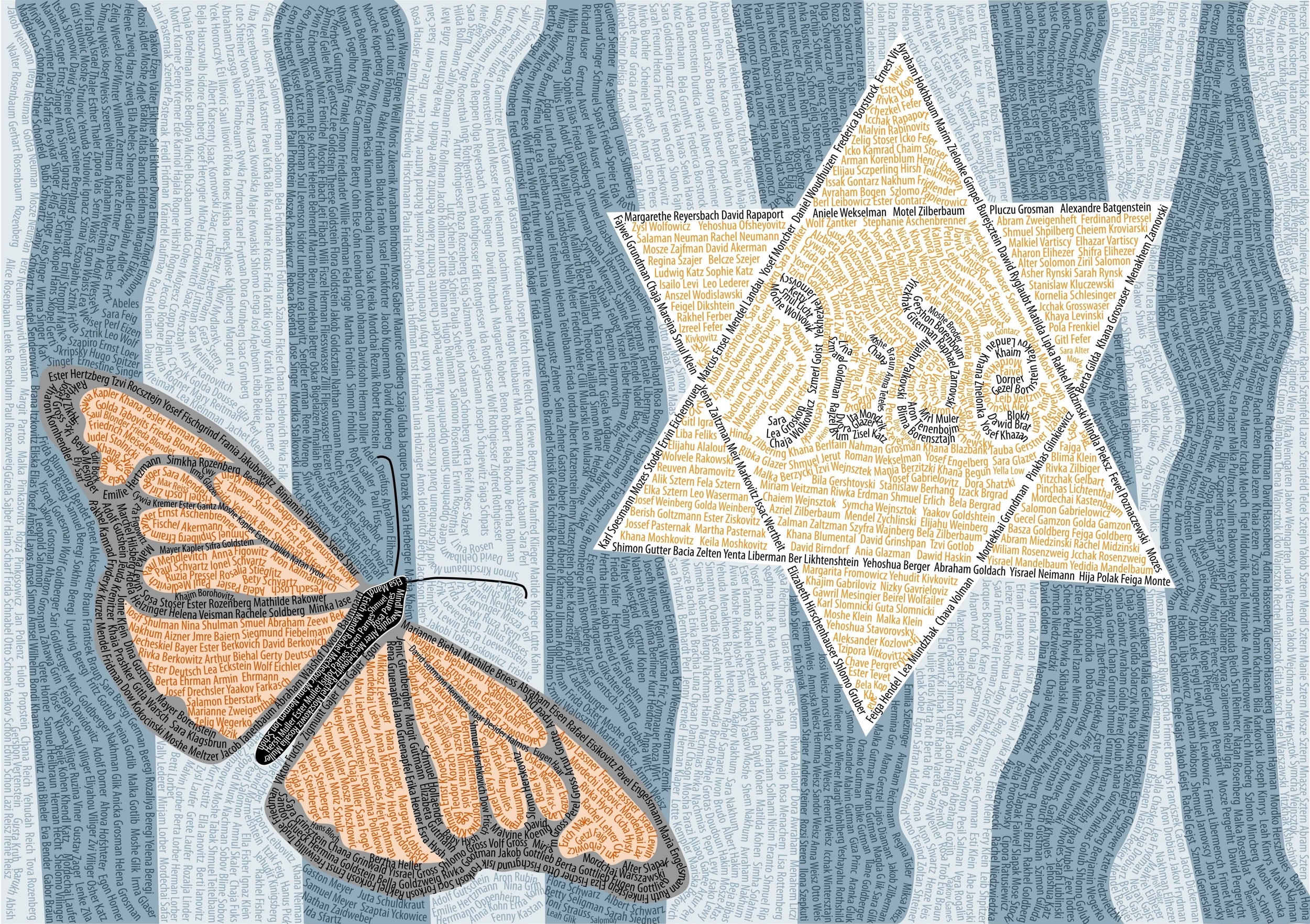 su sfondo a righe celeste e azzurro è disegnata la stella di David e una farfalla