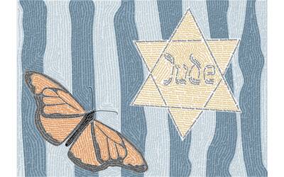 su sfondo a righe celeste e azzurro è disegnata la stella di David e una farfalla