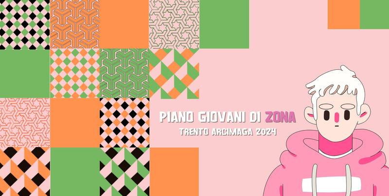 Una grafica rosa arancione e verde, con rappresentato un giovane 