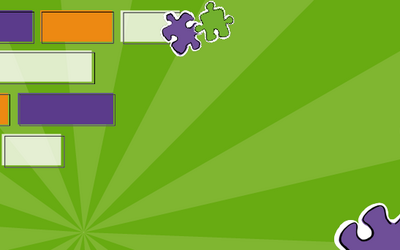 Una grafica verde acceso con degli rettangoli e dei pezzi di puzzle viola e arancioni