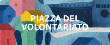 la scritta "piazza del volontariato" sopra ad un'illustrazione raffigurante Trento colorata