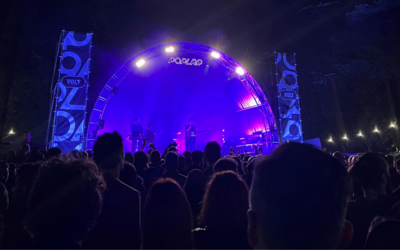 Dei ragazzi sotto ad un palco di notte