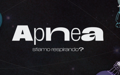 La grafica di una scritta "apnea" con uno sfondo dello spazio e di pianeti