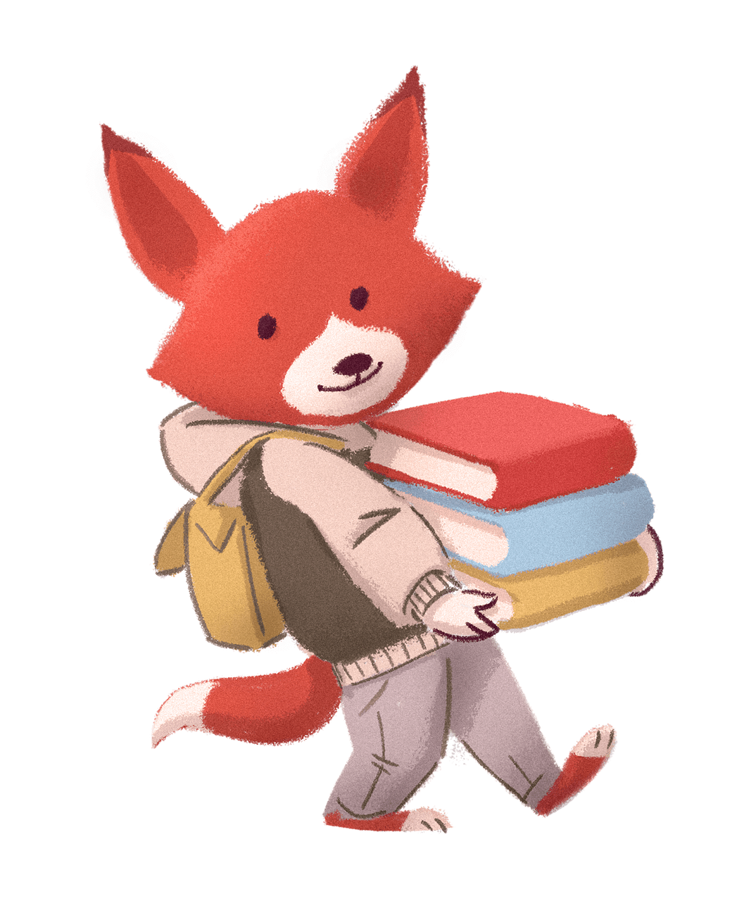 disegno di una volpe vestita da bambino che porta in braccio una pila di libri