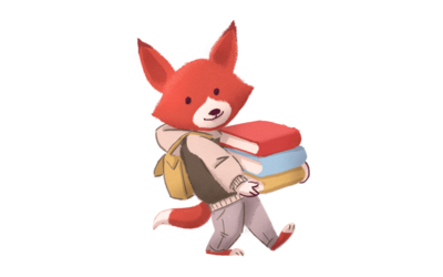 disegno di una volpe vestita da bambino che porta in braccio una pila di libri