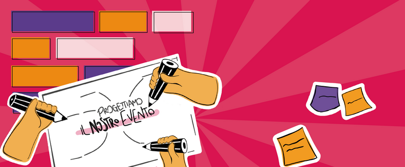 la grafica della prima call del bando piano giovani di zona 2025 formata da delle mani che scrivono su uno sfondo di colore rosa scuro