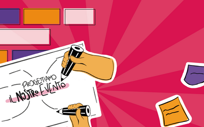 la grafica della prima call del bando piano giovani di zona 2025 formata da delle mani che scrivono su uno sfondo di colore rosa scuro