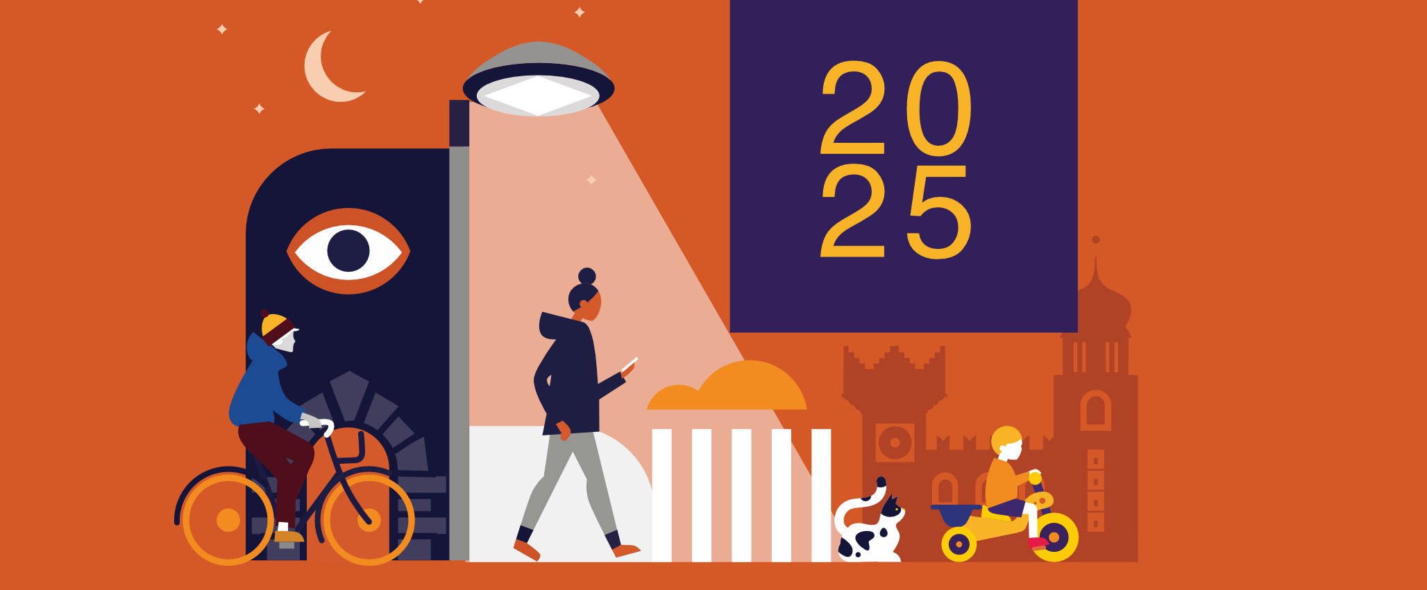 grafica con sfondo arancione e illustrazioni di persone e monumenti