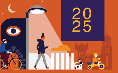 grafica con sfondo arancione e illustrazioni di persone e monumenti