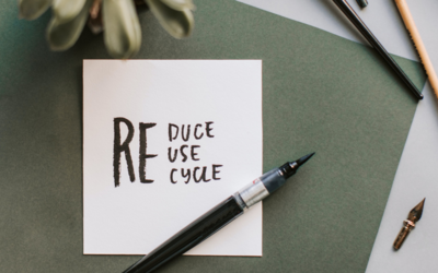 Scrivania con al centro un foglio quadrato con scritto "Reduce, Reuse, Recycle", posto su un cartoncino verde. Attorno ci sono: un pennino con le punte, acquarelli, pennelli e una pianta.