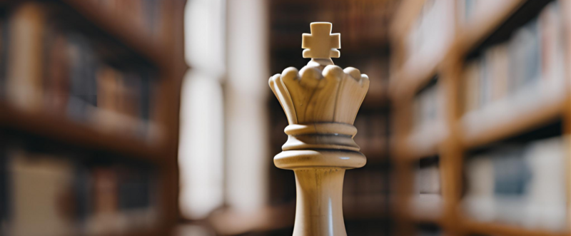 La regina bianca degli scacchi con lo sfondo di scaffali con i libri
