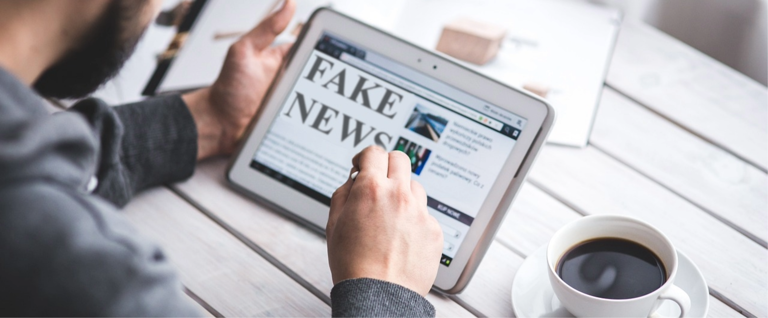 giovane di schiena che naviga su un tablet dove si parla di fake news