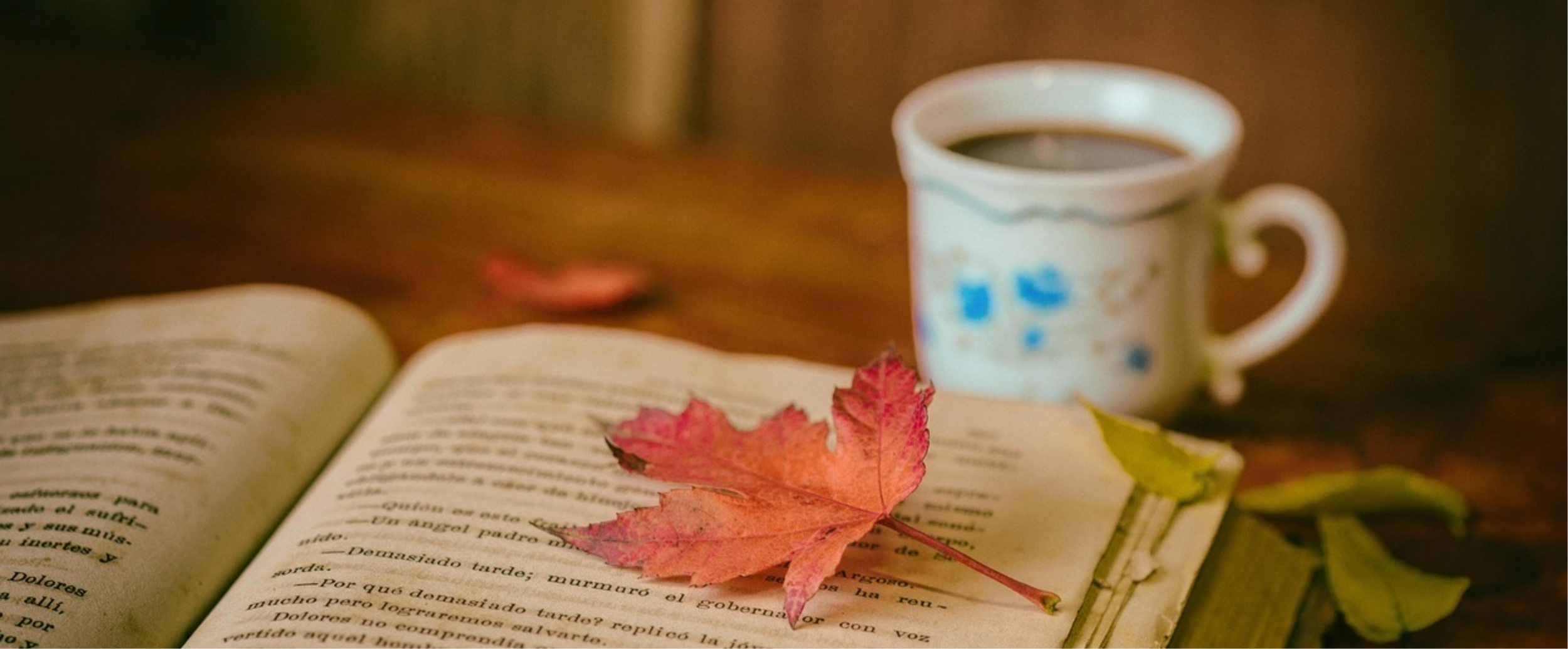 Un libro, una tazza di té e una foglia 