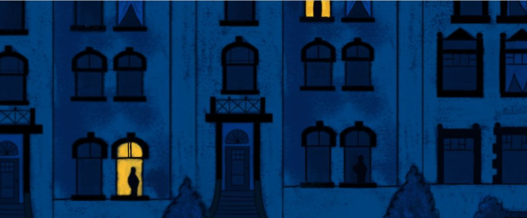 L'illustrazione di una facciata di un palazzo di notte con alcune finestre illuminate e le sagome di persone