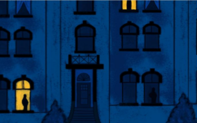 L'illustrazione di una facciata di un palazzo di notte con alcune finestre illuminate e le sagome di persone