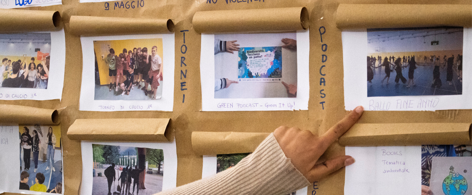 Una mano che indica delle immagini su un cartellone