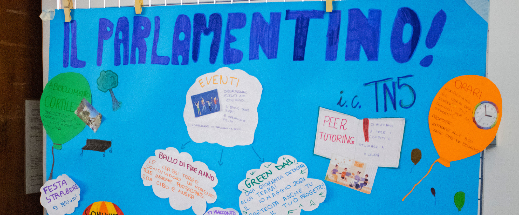 Un cartellone azzurro con delle nuvole di cartoncino incollate