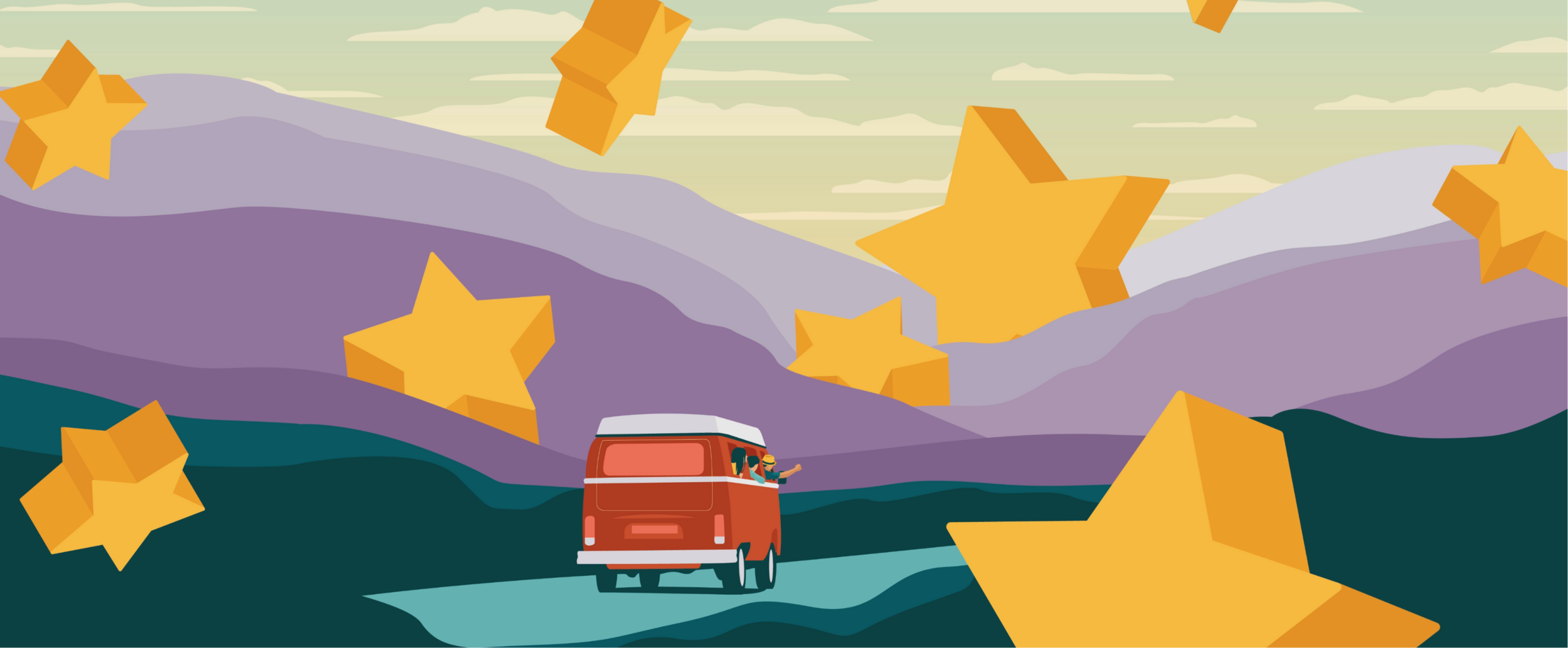 un van con dei giovani percorre un strada verso un cielo stellato europeista