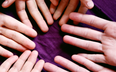 6 mani aperte una verso l'altra su sfondo viola