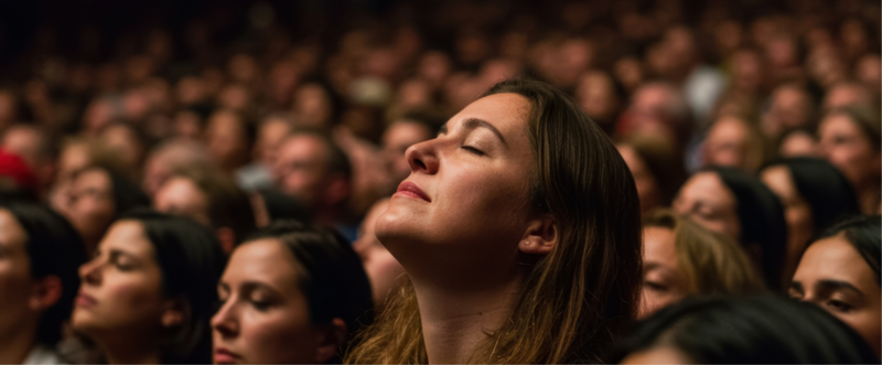 varie persone in un teatro, una donna in primo piano con il viso rivolto verso l'alto sembra in ascolto